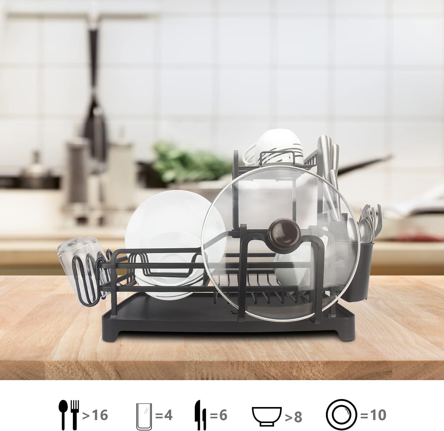 Evelyne GMT-10353-A Black Aluminum Dish Drying Rack with Utensil Holder - 2 Tier Kitchen Countertop Rust Proof Dish Rack and Drainboard Set - Large Dish Organizer Rack