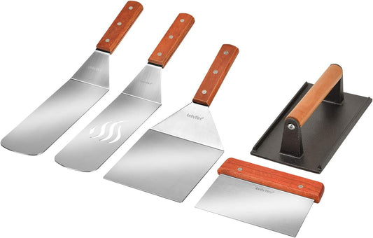 onlyfire Professional Barbecue Tool Kit Grill Griddle Tools Flat Top Griddle Accessories for Camping, Outdoor Hibachi, Backyard-Set of 5