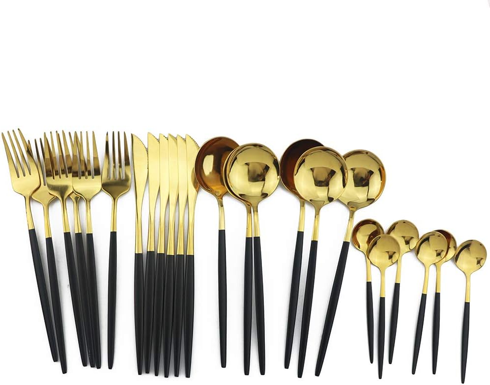 24-Piece Flatware Set, 18/0 Stainless Steel Knife Fork Spoon Teaspoon Silverware Set, Service for 6, Black Handle Gold