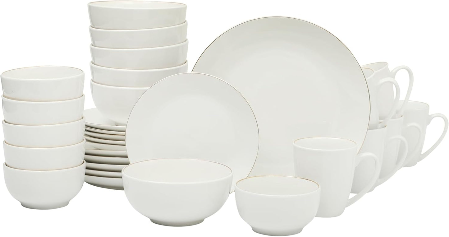 Gibson Home Ogalla 30 Piece Plates, Bowls, & Mugs Dinnerware Set - Service for 6 - White Porcelain W/Gold Band