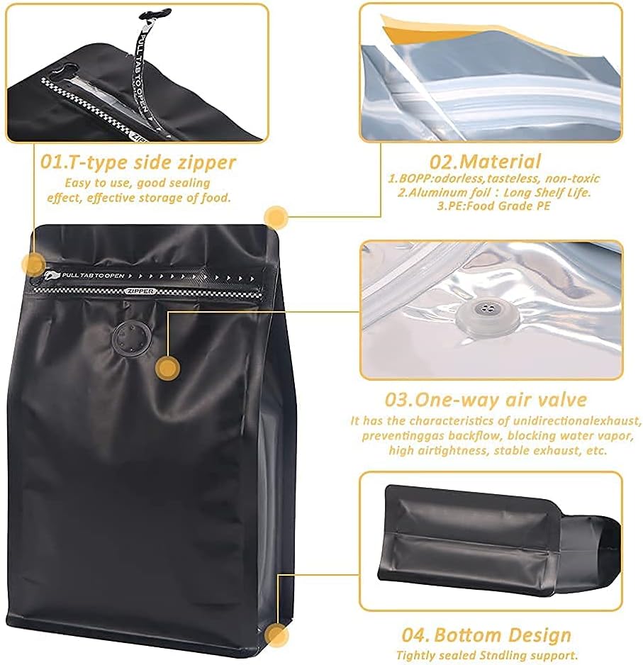 REMTAP Coffee Bags with Valve(50 pcs,16 oz/1 lb) Black High Barrier Aluminum Foil Flat Bottom Standing Empty Coffee Beans Storage Bag,Reusable Heat Sealable Side Zipper Pouches for Home or Store