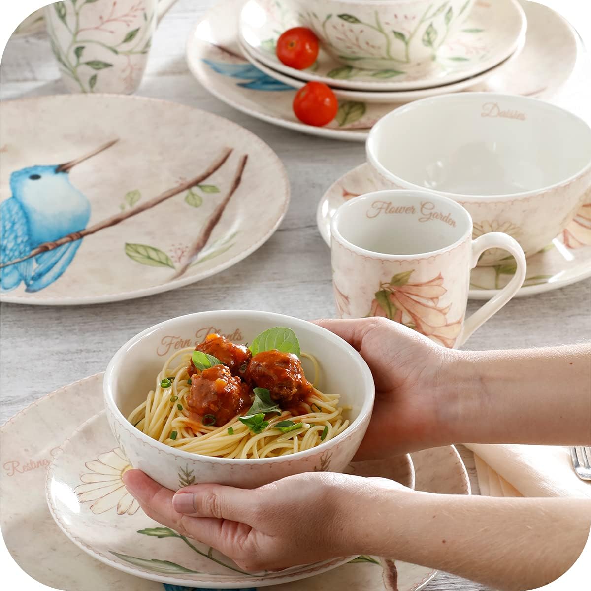 Corona 16–piece Birds Nature Garden Inspired Ceramic Dinnerware Sets | Plates Bowls and Mugs | Service For 4 | Lovely Garden