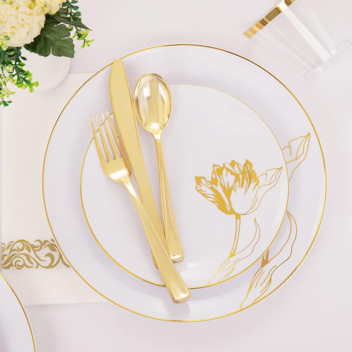 Nervure 175PCS White Plastic Plates - Floral White Gold Disposable Plates Include 50Plates, 25Forks, 25Knives, 25Spoons, 25Cups, 25Napkins Perfect for Wedding & Party