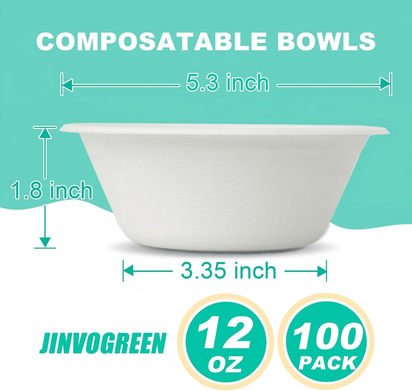 100 Count 12 oz Paper Bowls, Disposable Compostable Bowls, Heavy Duty Biodegradable Bagasse Bowl for Snacks, Soup, and Salads, White