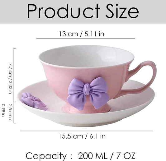 200 ML Violet Bow Coffee Mugs Set with Saucer Coquette Mug Porcelain Coffee Tea Cup Bow Cute Mug for Women Girl