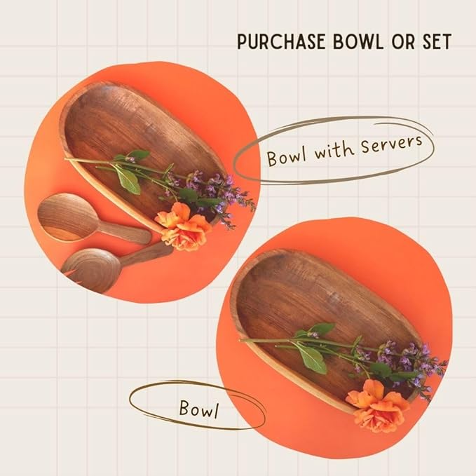 Rustic Olive Wood Bowl with Servers, Serving Dish for Salad, Pasta, Fruit, Kitchen Countertop Decor, Handcarved, 13 Inch Wide, Oval Shape, 3pcs