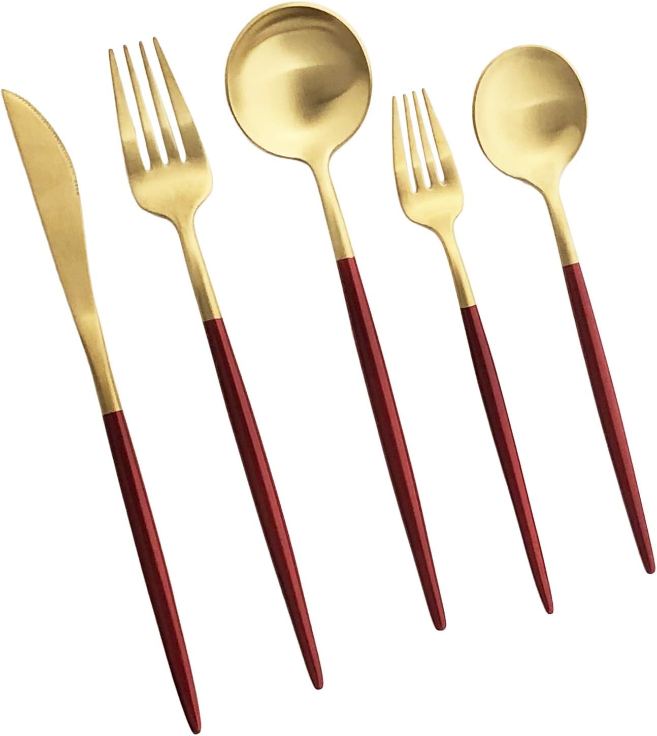 Silverware Set, Hand polished Matte Gold Red Flatware Cutlery Set Service for 2, Satin Finish 10 Pieces 18/10 Stainless Steel Utensils Set for Home and Restaurant, Dishwasher Safe