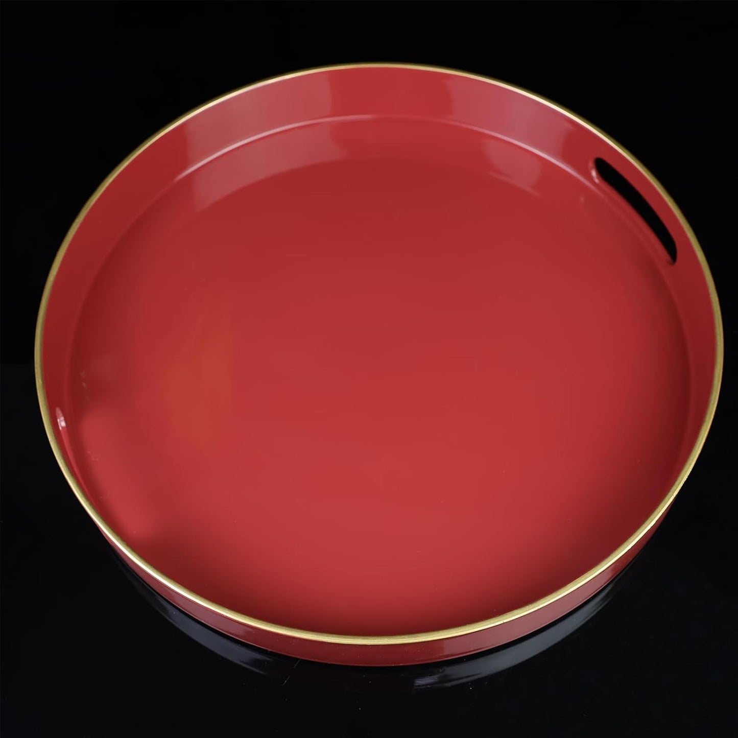 Red Round Decorative Tray with Handles, 13" Elegant Coffee Table Serving Tray for Ottoman Living Room, Bathroom, Outdoors, Breakfast