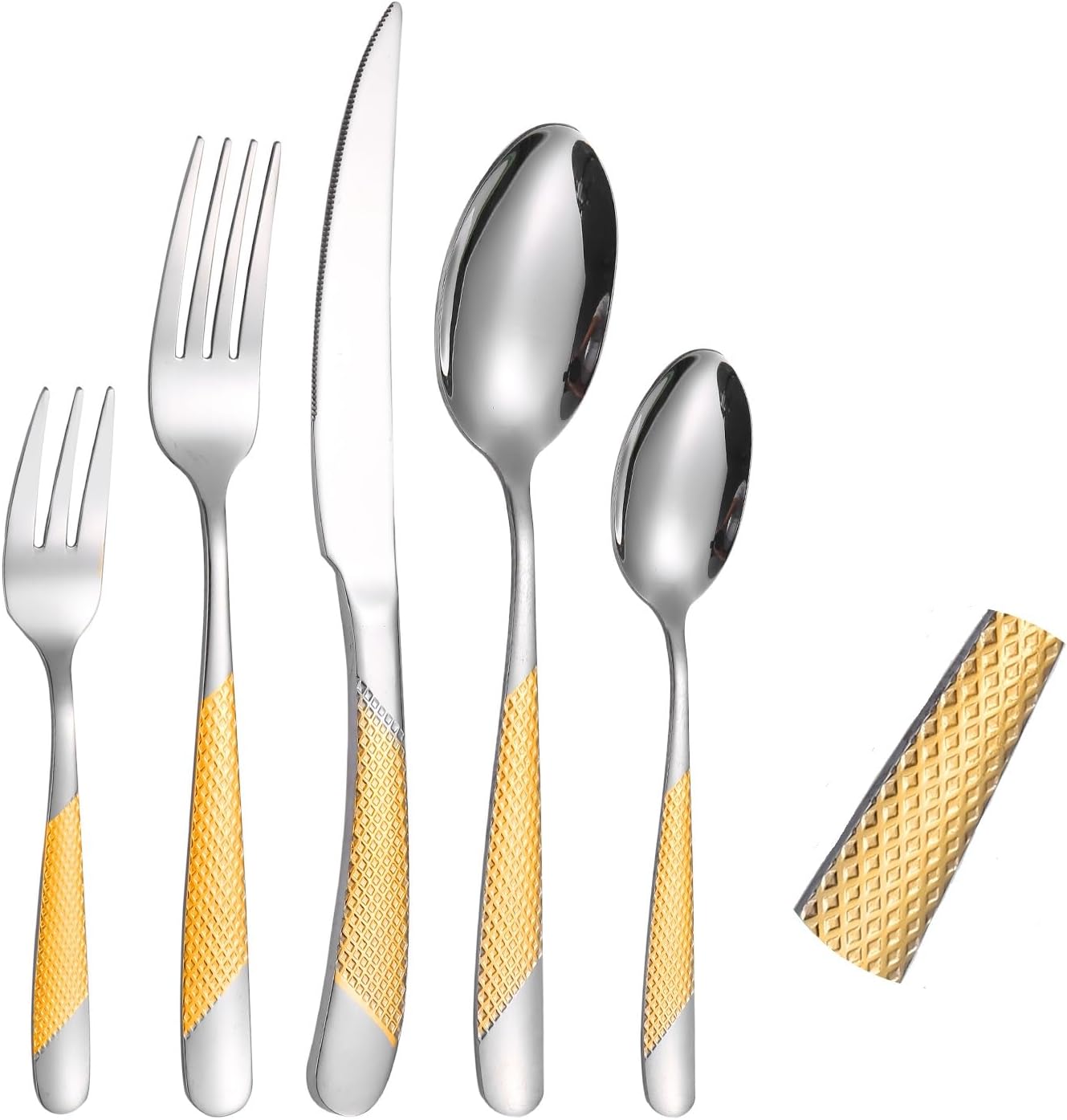 A·HOUSEWARE Hammered Silverware Gold and Silver Flatware Stainless Steel Cutlery Sets for 4 Forks Spoons knives Patten Handle Kitchen Utensils for Restuarant and Home
