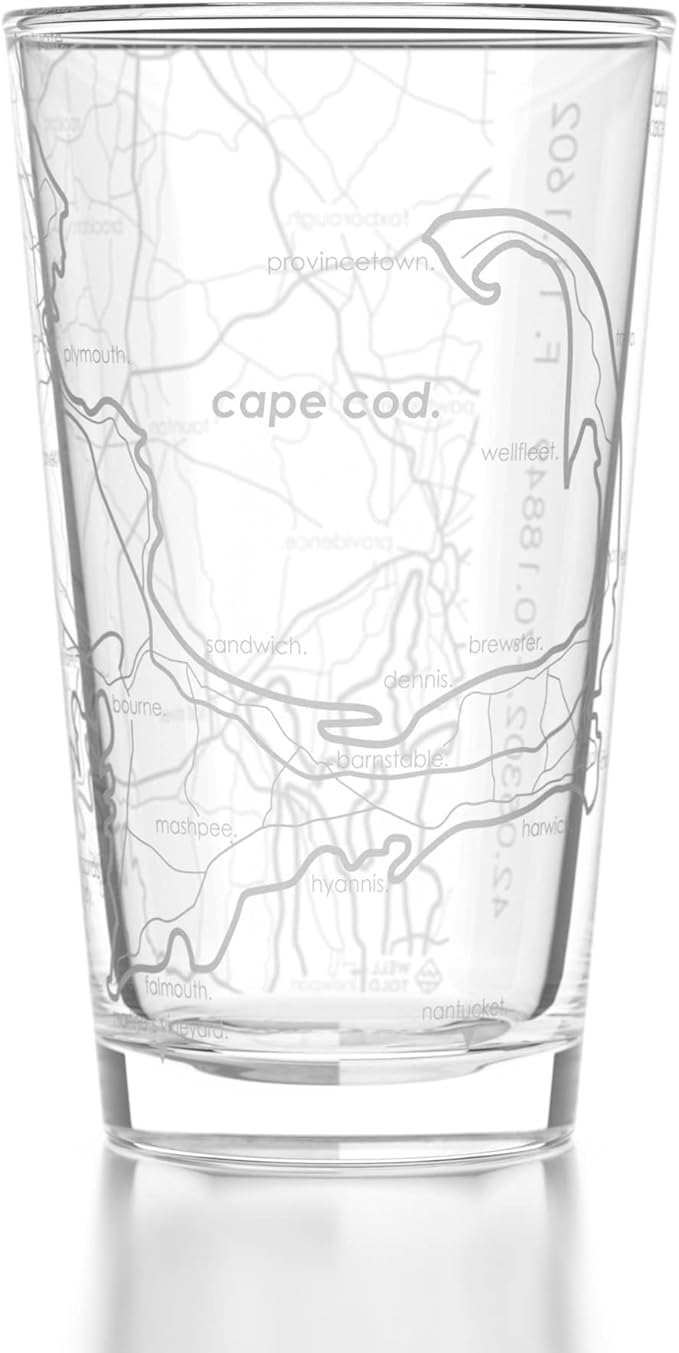 Well Told Engraved Cape Cod Massachusetts Map Pint Glass, Etched Beer Gift (16 oz, Clear) City Map Pint, Custom City Glassware, Gifts For Beer Lovers