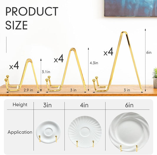 Kenning 12 Pieces Gold Plate Holder Easel Display Stand Metal Book Display Stand Tabletop Picture Frame Holder Photo Square Iron Easel Decorative for Kitchen Office Room Tabletop(3 Sizes)