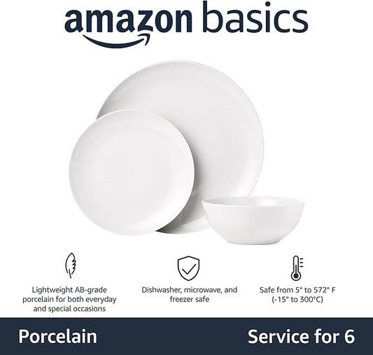 Amazon Basics Dinnerware Set, Microwave and Dishwasher Safe, Service for 6, 18-Piece Complete Kitchen, Plates, Dishes, Bowls, White Porcelain Coupe