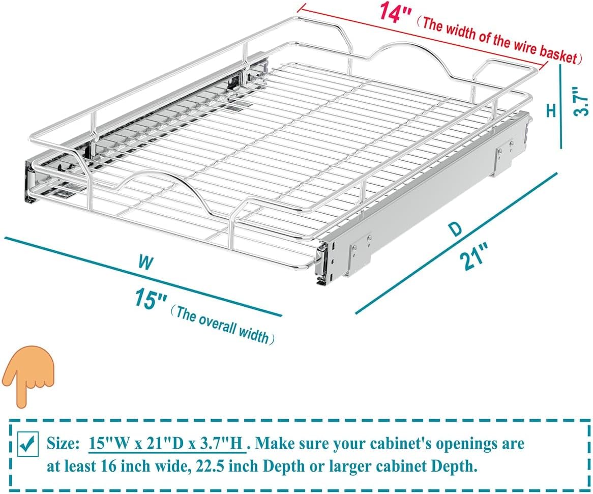 OCG Pull Out Cabinet Organizer 2 Pack (15" W x 21" D), Pull out Shelves 1 Tier, Cabinet Slide Out Shelves for Base Cabinet Organization in Kitchen Bathroom Pantry, Bottom Mount, Chrome Finish