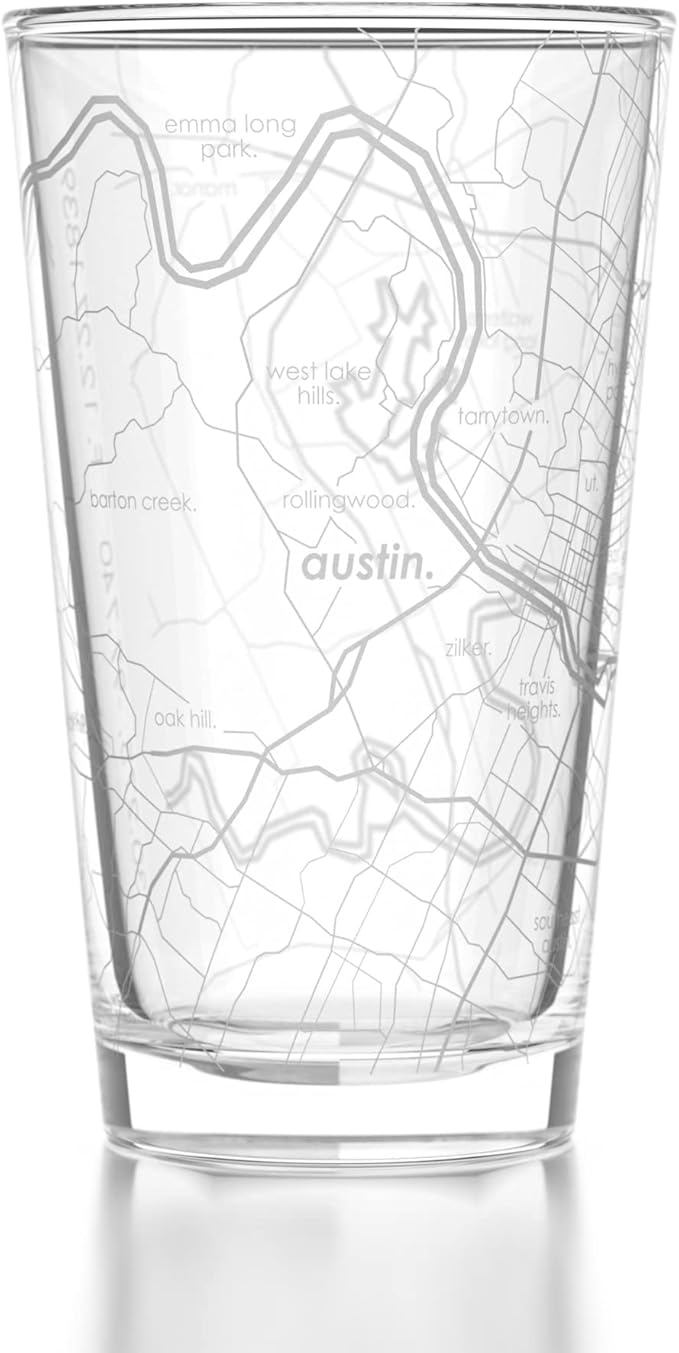 Well Told Engraved Austin Texas Map Pint Glass, Etched Beer Gift (16 oz, Clear) City Map Pint, Custom City Glassware, Gifts For Beer Lovers