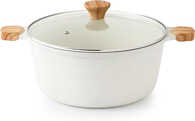 SENSARTE Ceramic Nonstick Stock Pot with Lid, 7 Qt Induction Cooking Pot with Tempered Glass Lid, Stew Pot for Soup and Oatmeal, Pasta Casserole, Free of PFAS & PTFE, White