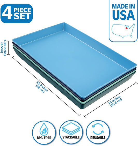 US Acrylic Coastal Plastic Serving Trays (Set of 4) 15” x 10” | Large Unbreakable Reusable Rectangular Party Platters | Serve Appetizers, Fruit, Veggies, & Desserts | BPA-Free & Made in USA