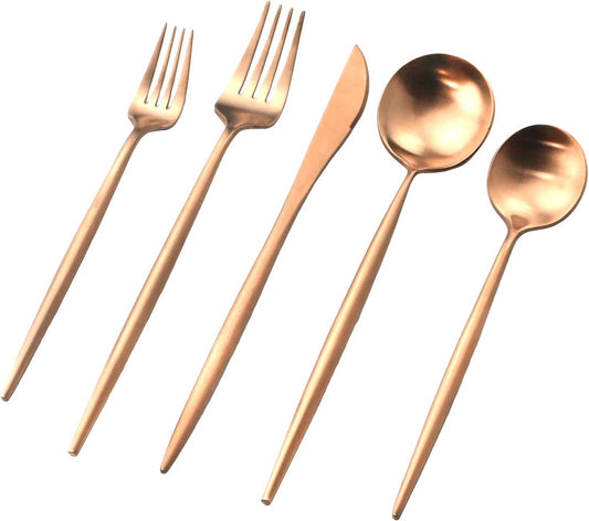 Gugrida Copper Gold Flatware, Royal 20 Pieces Luxury Matte Finish 18/10 Stainless Steel Tableware Sets for 4 Including Forks Spoons Knives, Camping Silverware Travel Utensils Set Cutlery (Rose Gold)