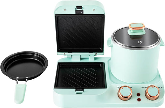 Green 3-in-1 Breakfast Station – Includes Non-Stick Griddle, Waffle Press & 1.2L Soup Pot – Dual Zone Cooking, 1050W Electric Breakfast Maker with Temperature Control