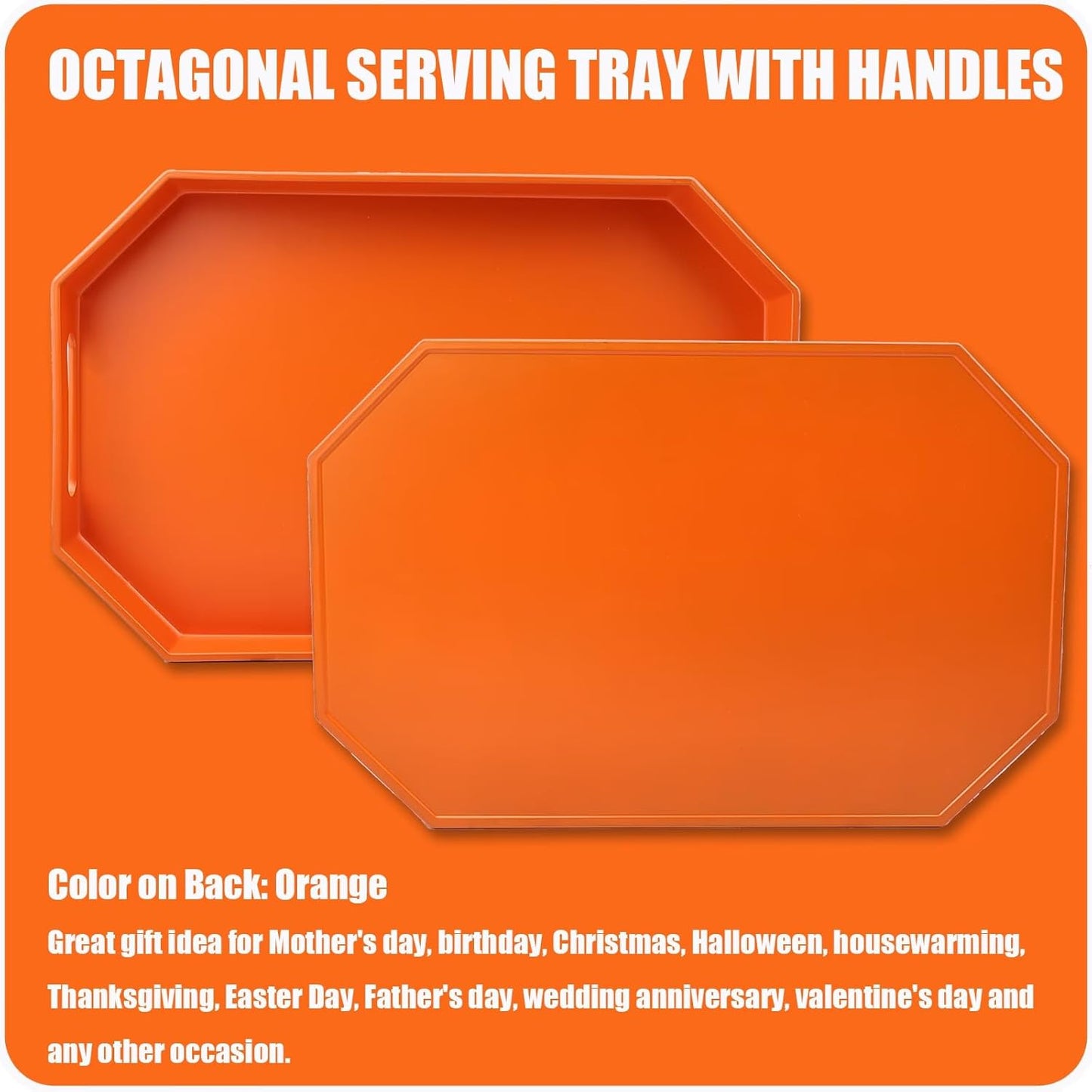 Orange Octagonal Serving Tray with Handles for Coffee Table, Plastic Decorative Tray for Ottoman, Kitchen Counter, Living Room, Outdoor Lacquer Tray for Entertaining