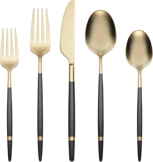 Cambridge 516320CKW12DS Gaze Black/Gold Satin Banded 20-Piece Flatware Set