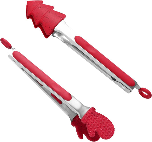 NileHome Christmas Kitchen Tongs, 2 Pack 10" Professional Stainless Steel Metal Tongs – Heat-Resistant for Grilling, BBQ, Serving Salad, Pasta, and Kitchen Use, Dishwasher Safe, Red