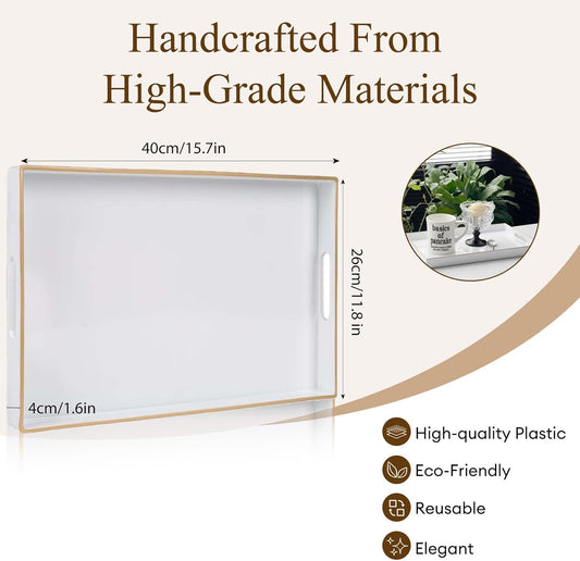 Zosenley Decorative Tray, Rectangular Plastic Tray with Handles, Modern Vanity Tray and Serving Tray for Bathroom, Kitchen, Ottoman and Coffee Table, 15.6” x 10.2” (White)