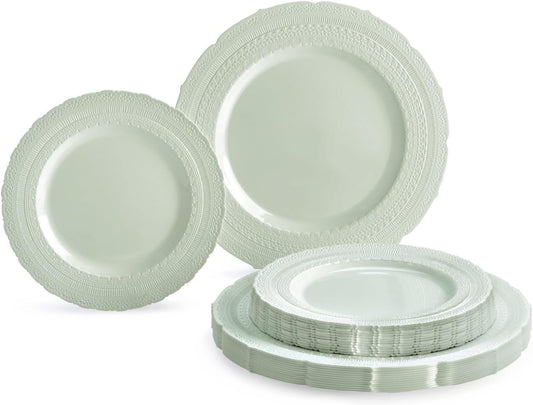 " OCCASIONS " 50 Plates Pack (25 Guests)-Extra Heavyweight Vintage Wedding Disposable/Reusable Plastic Plates -25x11'' Dinner + 25x8.25'' Salad/dessert (Chateau Mint)