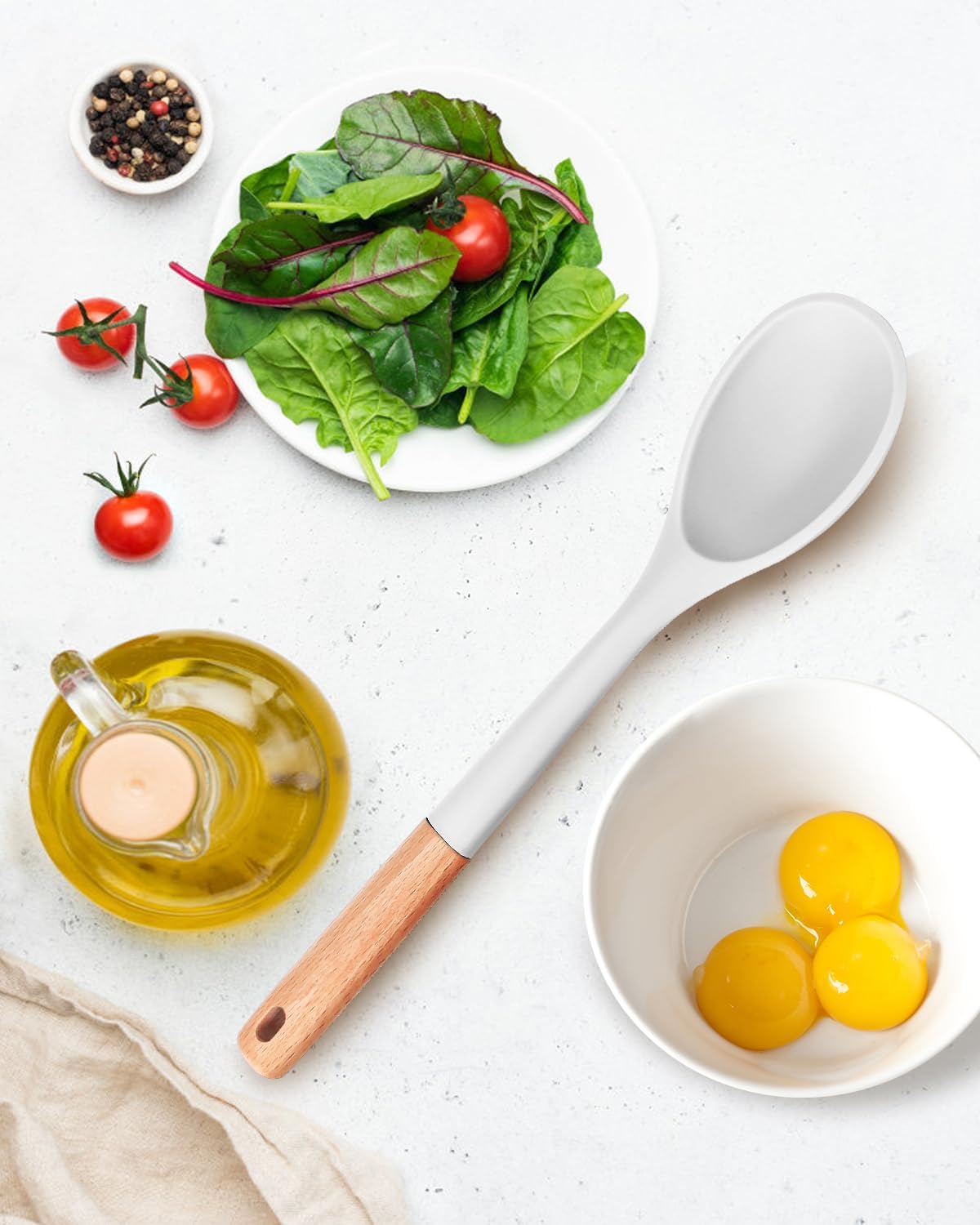 Large Silicone Cooking Spoons, Nonstick Solid Wooden Handle Spoon, Heat Resistan Silicone Kitchen Spoons for Cooking, Serving, Basting, Mixing, 13.2inch (WHITE)