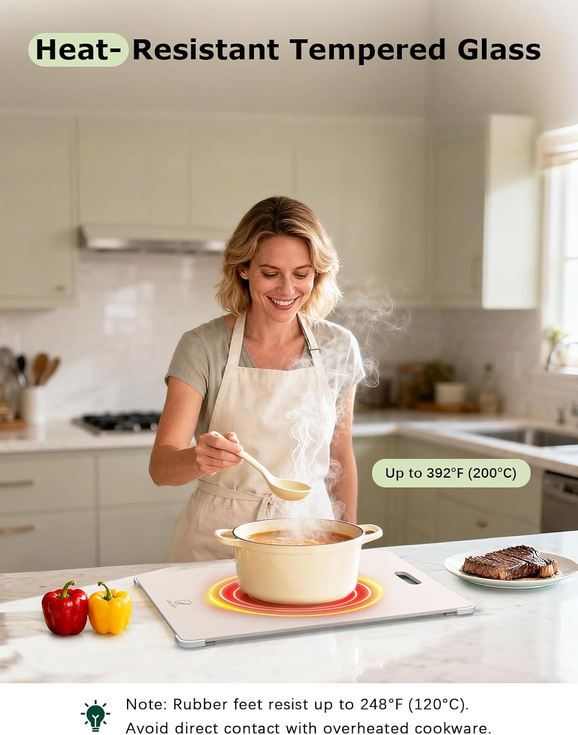 Tempered Glass Cutting Board Set, Large 16"x12" Glass Cutting Board for Kitchen with 4 Non-Slip Feet,Heat & Shatter Resistant Glass Cutting Board Dishwasher Safe, Perfect Kitchen Gift & Decor - Beige