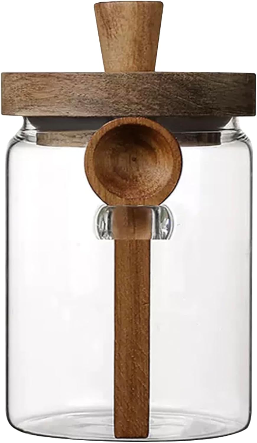 Glass Food Storage Jar with Wooden Lid and Spoon, Airtight Container for Cereals, Cookies, Snacks, Kitchen Canister Set (Medium(600ml/20.3oz))