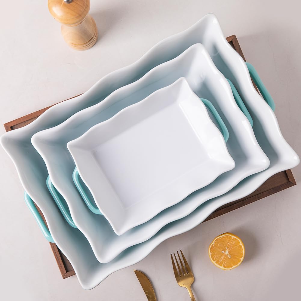 Sweejar Casserole Dishes for Oven, Ceramic Bakeware Set of 3, Rectangular Baking dish with Handles, Wave Edge Lasagna Pan Deep for Cooking, Cake, Dinner, Banquet and Daily Use (Turquoise)