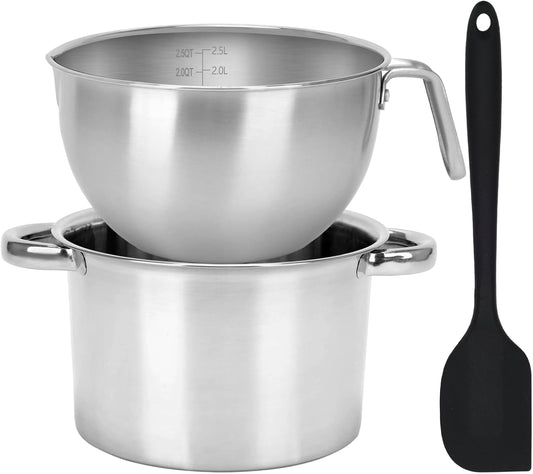 3PCS Double Boiler Pot Set, 2500ML/2.3QT Mixing Bowl with Scale 4000ML/ 3.6QT Stainless Steel Heating Pot with Silicone Spatula for Cheese Chocolate Candy Candle Soap Wax Melting (2500ml+4000ml)