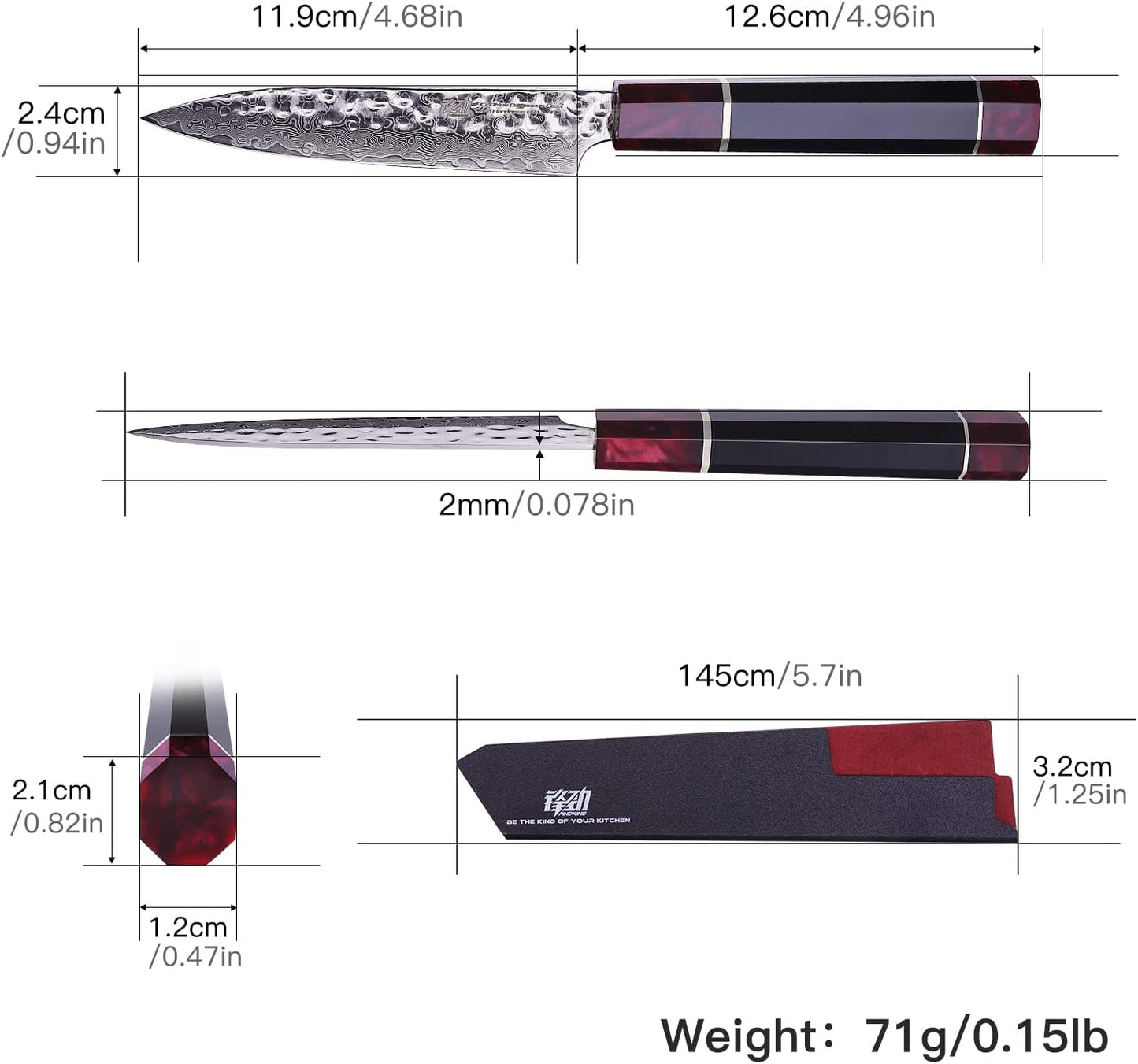 FINDKING 5 Inch Kitchen Utility Knife with ABS sheath, Multi-Purpose Japanese Paring Knife, Damascus Steel Blade, Resin Octagonal Handle, Small, for Fruits Vegetables (Eternity Series)