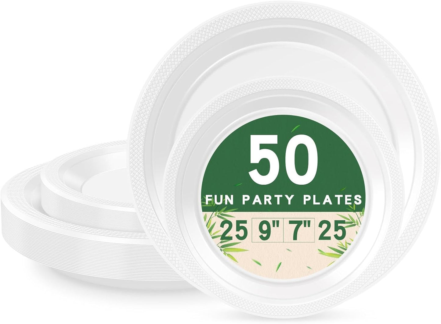 50 White Plastic Plates For Party, Includes 25-9" & 25-7" Cake Dessert Plastic Dinner Plates Disposable For Party Supplies