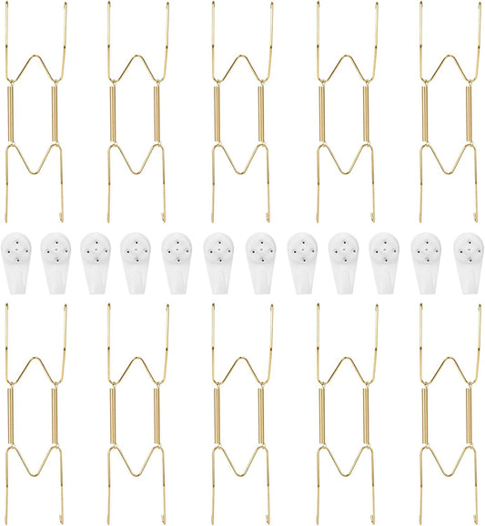 10-Pack Invisible Wall Plate Hangers, 8 Inch Brass Plate Holders with 12-Pack Wall Hooks