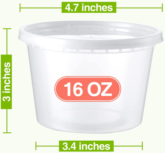 16 Oz Deli-Containers-with-Lids - 60 Set Plastic Food-Storage-Containers-with-Lids, Microwaveable & Freezer Safe To-Go-Containers, Leak-proof Soup Overnight Oats Meal-Prep-Containers