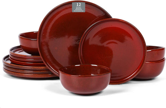 Vicrays Ceramic 12 Pieces Dinnerware Set - Dinner Plates Salad Plates Cereal Bowls Set Service for 4 - Scratch Resistant Microwave Oven Dishwasher Safe - Cherry Red