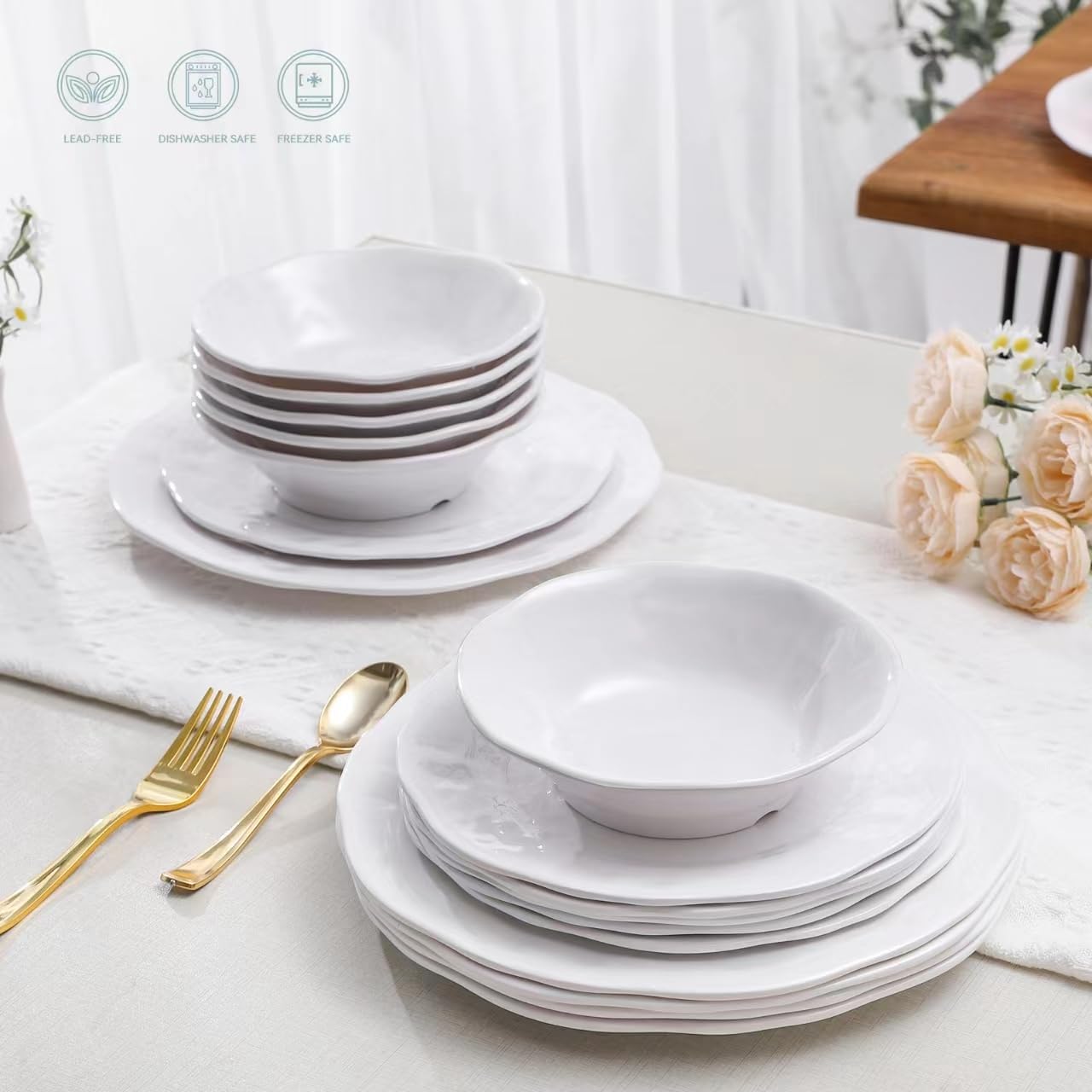 White Melamine Dinnerware Set, 18 Pcs Lightweight and Unbreakable Outdoor Plates and Bowls Sets, Camping Melamine Dishes Set for 6, Chip Resistant Kitchen Plates for Indoor and Outdoor Use