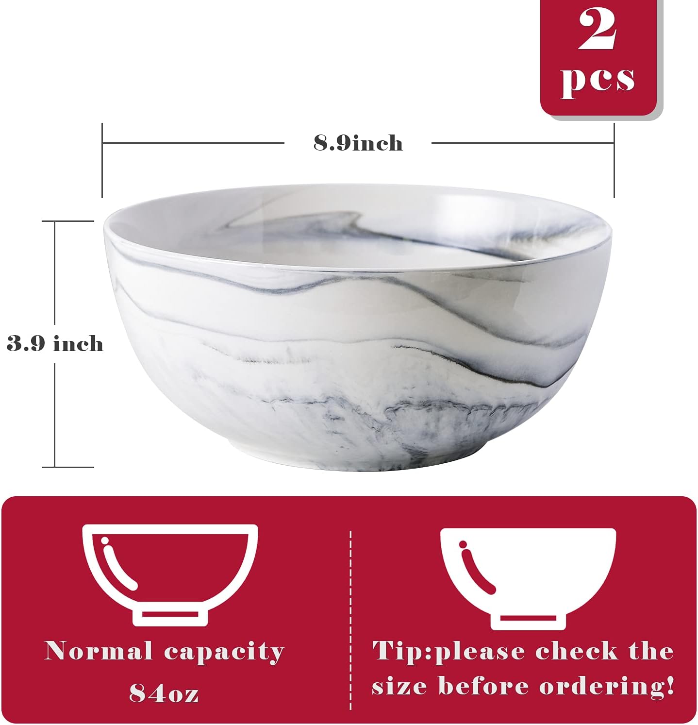 Yundu 9'' Deep and Large Mixing Bowls,84 oz Porcelain Serving Bowls for Pasta Fruit Soup Salad, Set of 2-Grey Marbled
