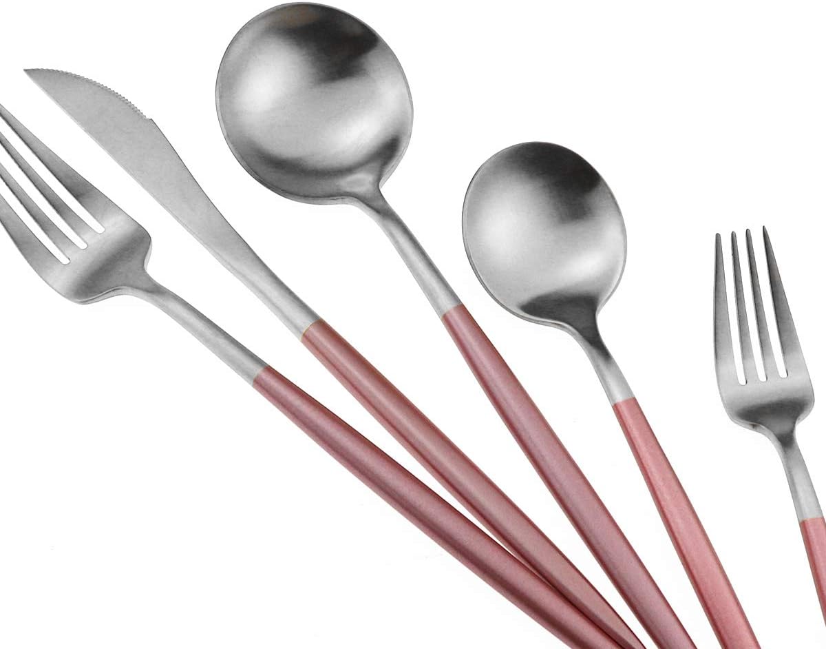 Gugrida Luxury Flatware, Royal 5 Piece Matte Pink Handle 18/10 Stainless Steel Tableware Sets for 1 Including Forks Spoons Knives, Camping Silverware Travel Utensils Set Cutlery (Pink Silver)