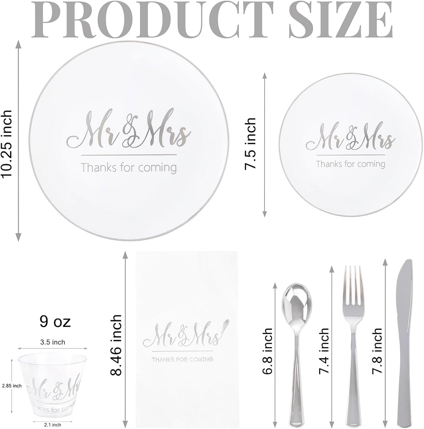 175 Mr and Mrs Silver Wedding Plastic Plates and Napkins Set,Bridal Shower Plates Set for 25 Guests Include 25Dinner Platos,25Dessert Platos,25Cups,25Napkins,25Gold Cutlery for Engagement Party Decor