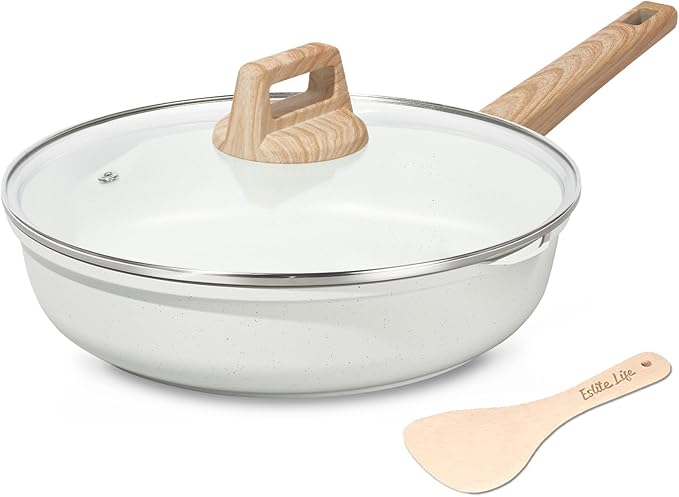 ESLITE LIFE Nonstick Ceramic Frying Pan Skillet with Lid, Non-Toxic Egg Omelette Kitchen Cooking Pans Compatible with All Stovetops (Gas, Electric & Induction), PTFE & PFOA Free (White, 9.5" w/Lid)