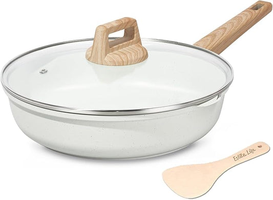 ESLITE LIFE Nonstick Ceramic Frying Pan Skillet with Lid, Non-Toxic Egg Omelette Kitchen Cooking Pans Compatible with All Stovetops (Gas, Electric & Induction), PTFE & PFOA Free (White, 9.5" w/Lid)