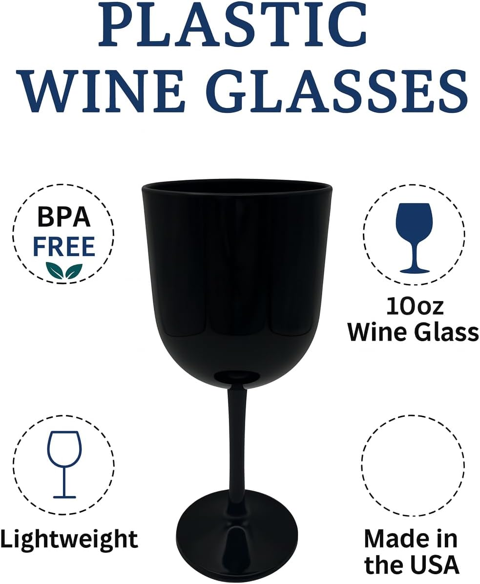 Party Outlaw Plastic Wine Glasses 4 Pc 10oz, Classic Wine Drinking Glasses, BPA-Free, Lightweight, Heavy Duty, Reusable, Shatter - Proof, Dishwasher Safe, Made in USA (Black)