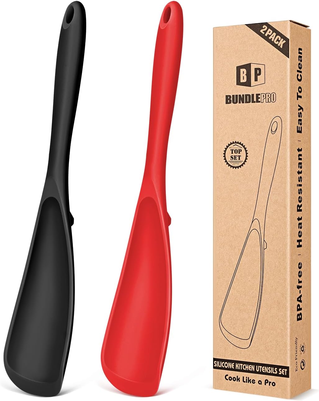 Pack of 2 Cooking Spoons for Non Stick Cookware, Multifunction Spatula Spoon BPA-Free, One-Piece Design, Suitable for Scooping, Scraping, Serving and Mixing(BLACK-RED)