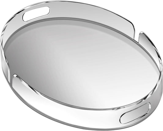Acrylic Serving Tray with Handles Large Decorative Ottoman Tray 17x13'' Round for Bathroom Food Coffee Fruit Snack Tea Dinner Living Room, Clear