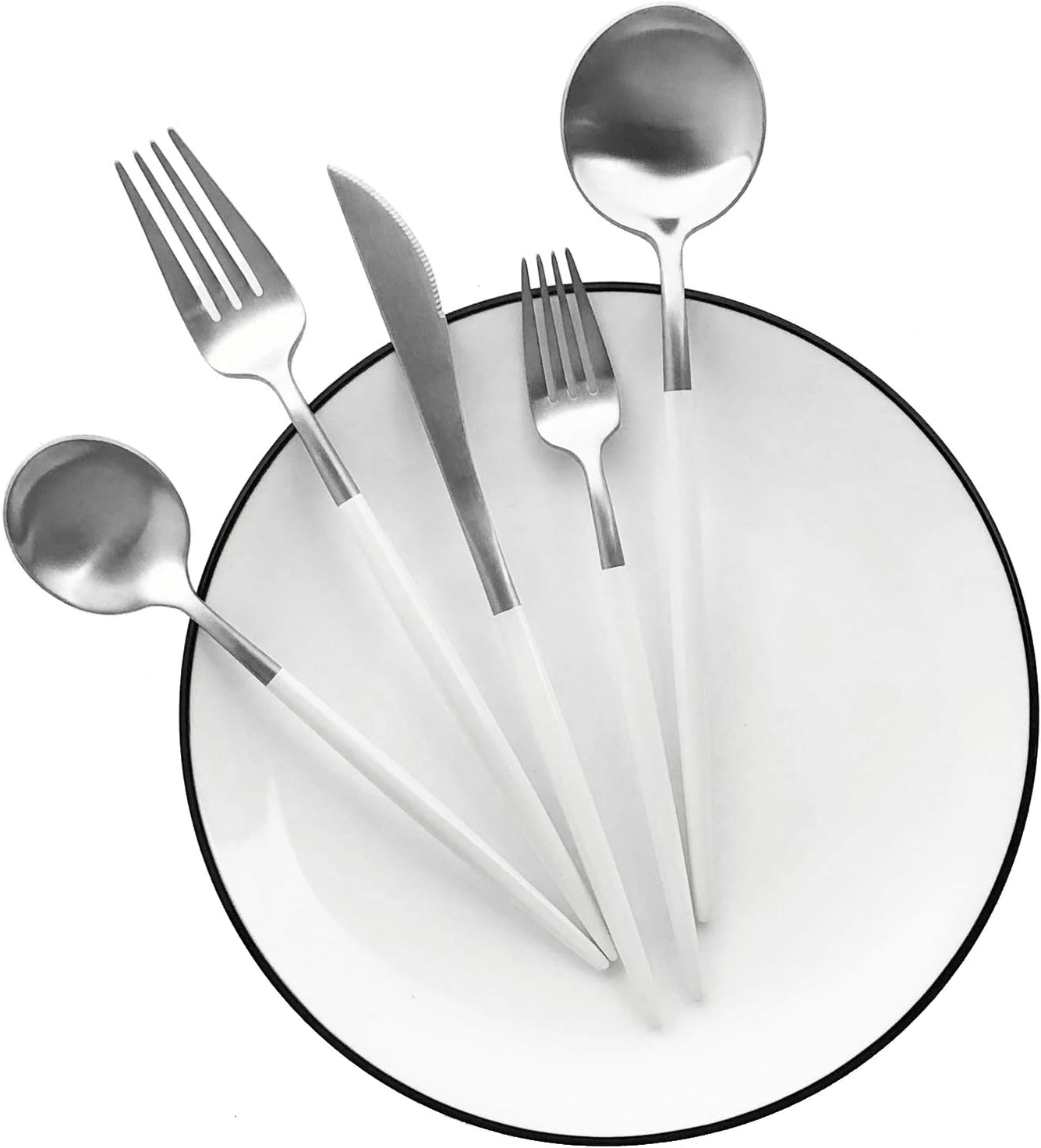 Matte Silverware Set, 10-Piece 18/10 Stainless Steel Satin Finish Flatware Set Service for 2, Kitchen Utensil Set, Tableware Cutlery Set for Home Restaurant (White Handle Silver, 10-Piece)