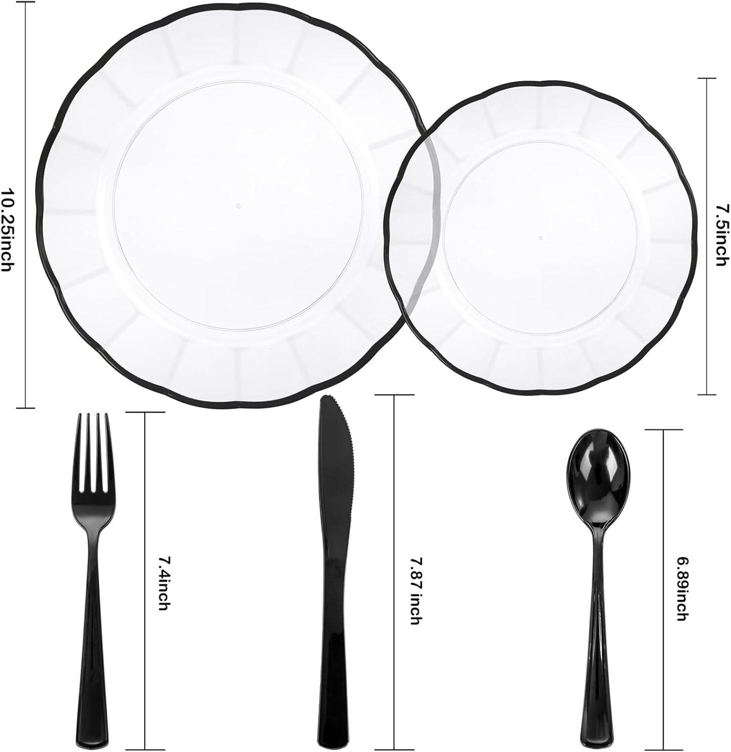 EI 150pcs Clear and Black Plastic Plates Dinnerware Disposable Party Set for 30Guests,Dinnerware Include 60 Clear Plates Disposable 90 Black Silverware,Perfect for Party&Halloween&Wedding