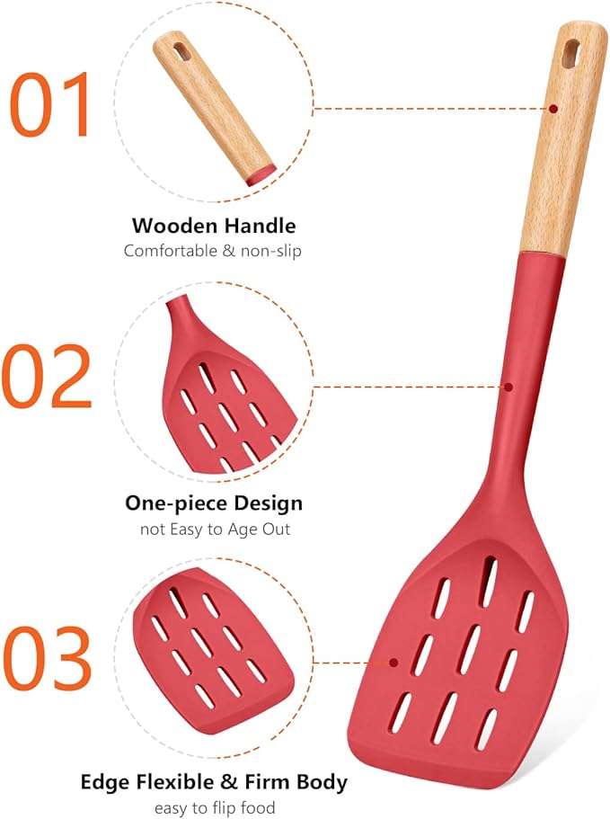 Pack of 2 Silicone Spatula, Non Stick Cooking Utensil Set Wooden Handle Kitchen Turner for Baking Mixing Grilling Serving Food Heat Resistant Non Scratch Hooks Included (Red)