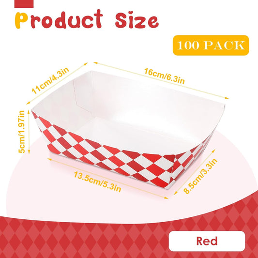 Blcculi 100 Pack Gingham Paper Food Trays,Disposable Paper Food Boat,Gingham Party Supplies,Snack Serving Trays for Nacho,French Fries,Popcorn,Hot Dog (Red + White)